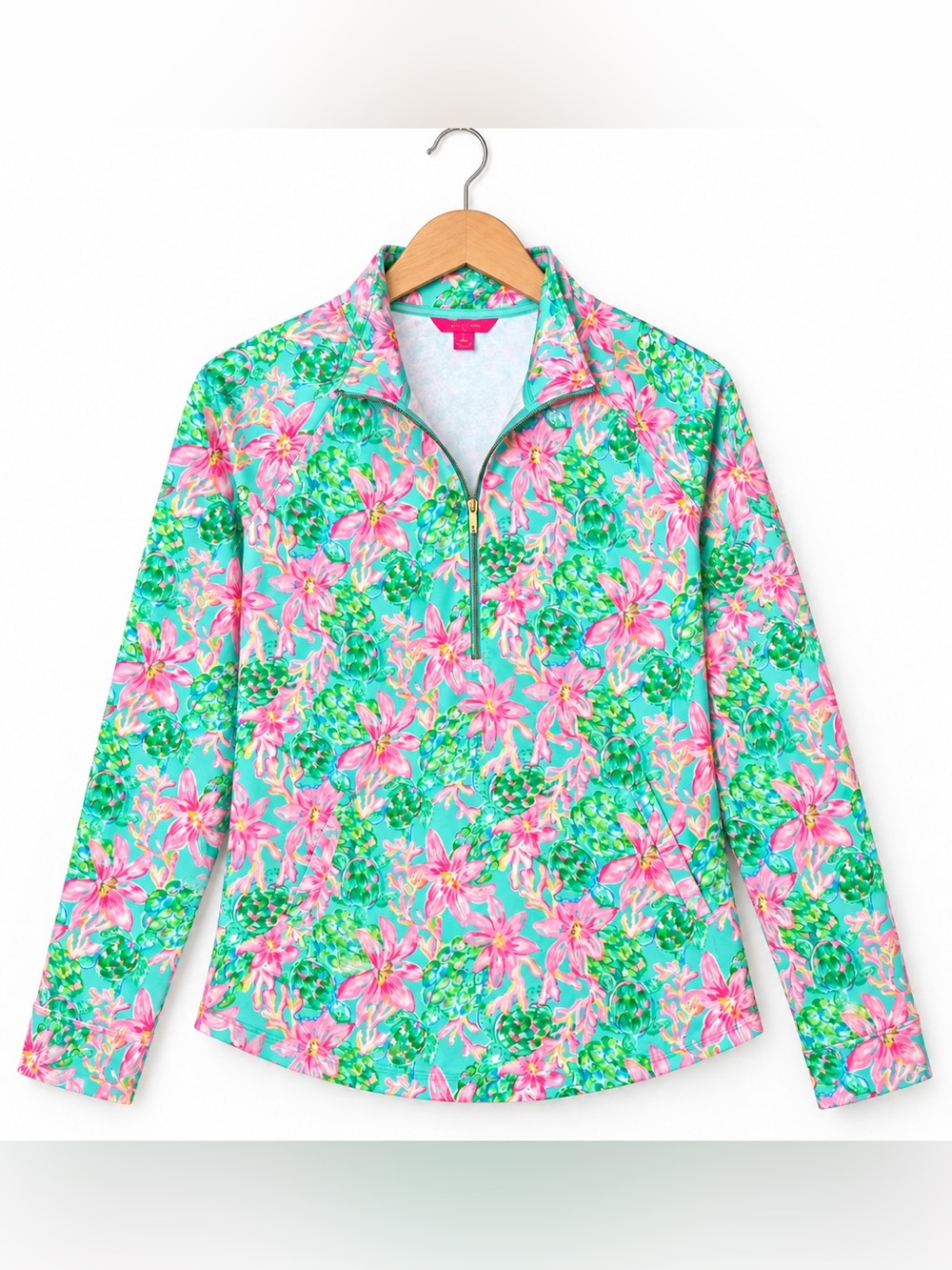 Lilly Pulitzer Pink Floral Quarter-Zip Pullover on Green